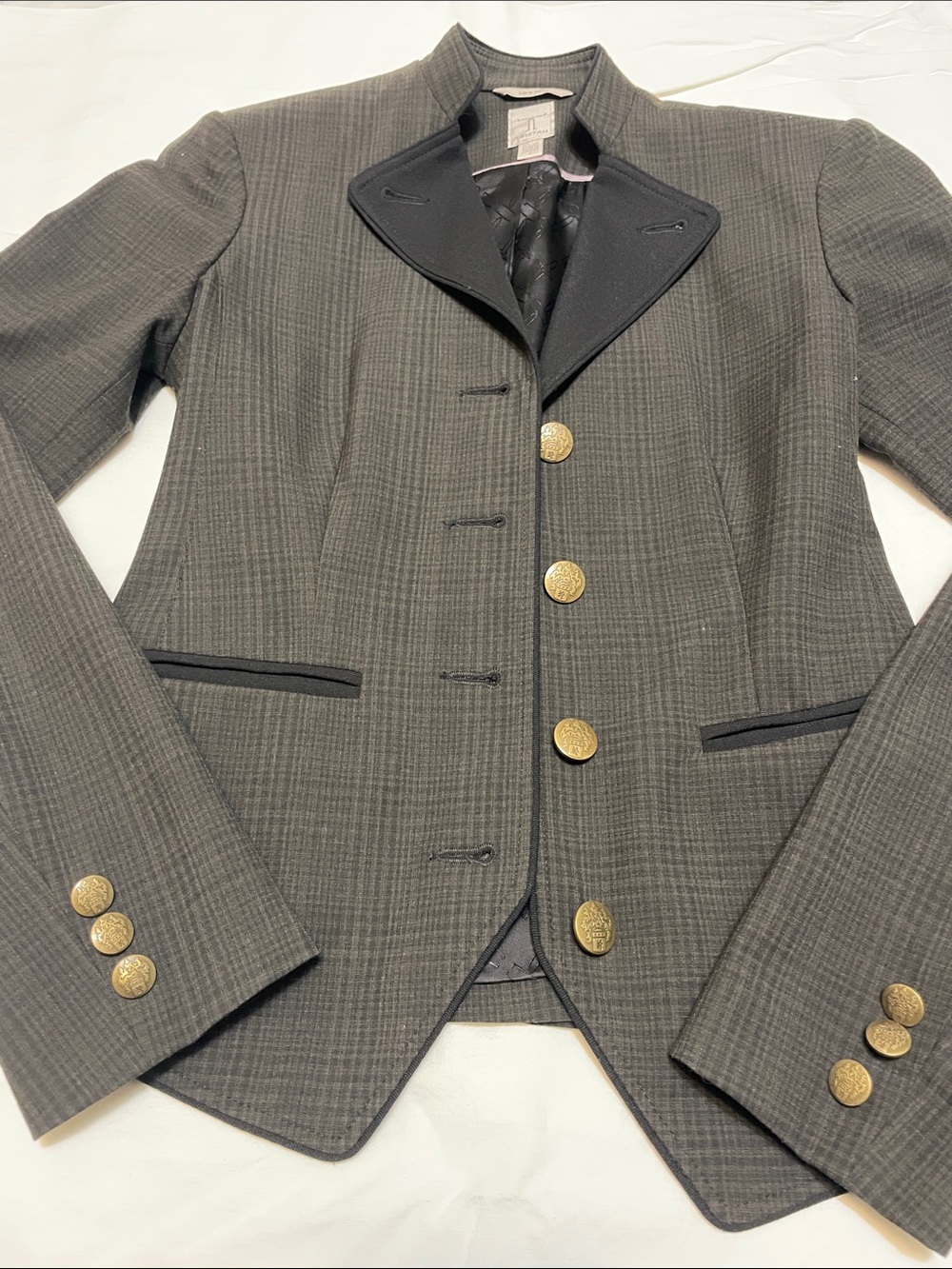 Womens Tailored Plaid Blazer Jacket in Dark Gray. Black collar. Tint of green - Picture 3 of 6